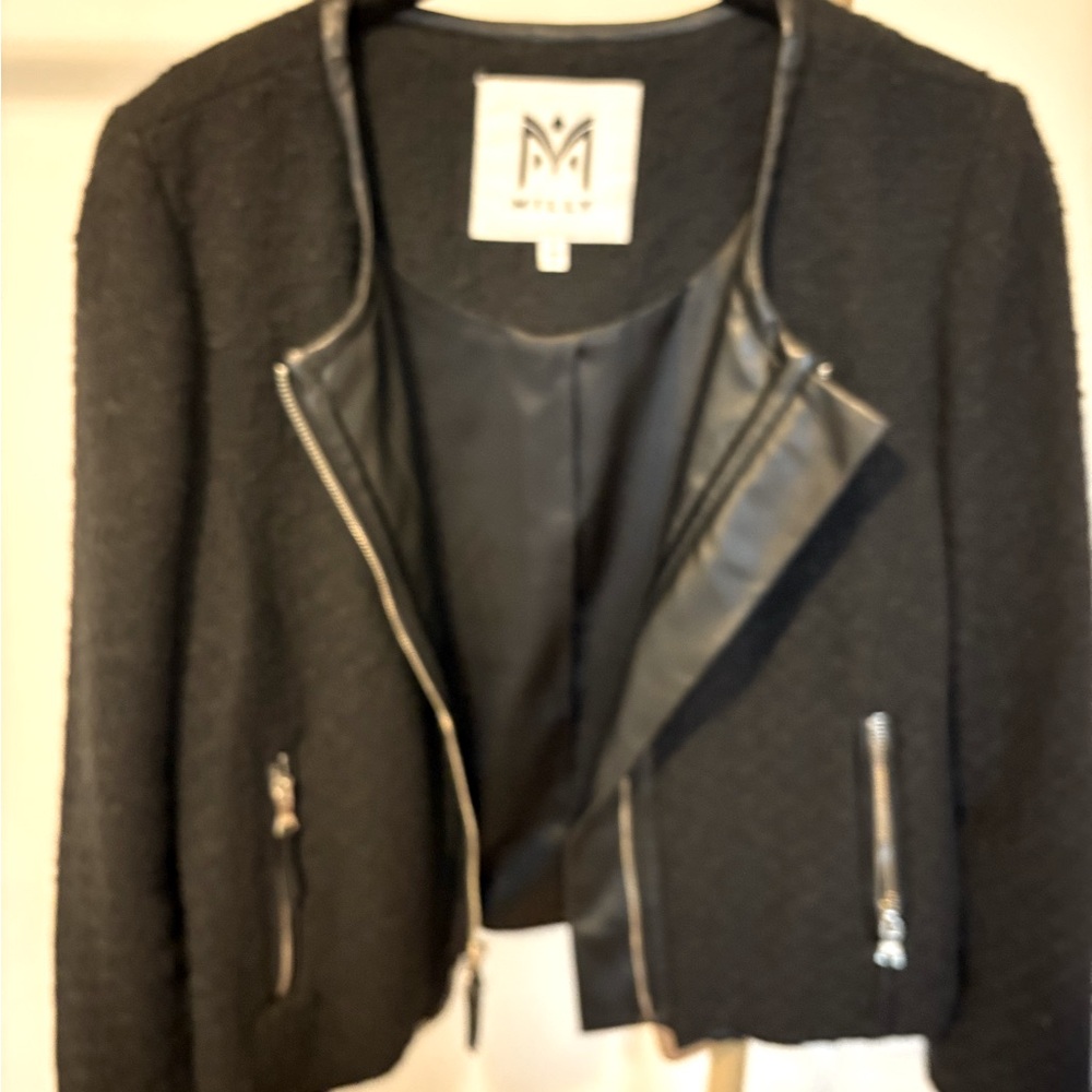 Milly Black Textured Blazer with Leather Accents